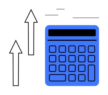 Mavi hesap makinesi, büyümeyi, gelişmeyi veya kar artışını sembolize eden iki yukarı doğru okun yanında. Finans, muhasebe, strateji, yatırım, iş ilerlemesi için idealdir.