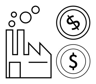 Finansal üretim ve karı temsil eden iki dolarlık madeni paralarla duman yayan sanayi fabrikası. Ekonomi, imalat, iş, endüstri, finans, ekonomi, zenginlik yaratmak için idealdir. Düz
