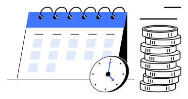 Masa takvimi, analog saat ve birikmiş paralar zaman izleme, planlama ve para tasarruflarını ön plana çıkarır. Üretkenlik, verimlilik, teslim tarihleri, kurumsal strateji bütçesi için ideal zaman değeri sabit