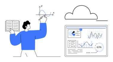 Buluta bağlı ekrandaki istatistiksel verilerle etkileşirken grafikleri kitapla analiz eden kişi. Veri bilimi, eğitim, teknoloji, analitik, bulut hesaplama ve araştırma için ideal