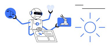 Adalet ölçeği, kalp, robot kolu ve yapay zekayı sembolize eden verilerle uğraşan robot, sağlık, hukuk ve sanayide. Teknoloji, robot bilimi, etik sağlık hizmetleri, adalet otomasyonu için ideal.