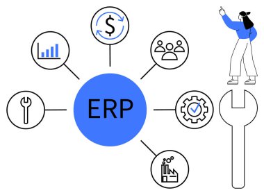 Merkezi mavi ERP merkezi finans, analitik, takım çalışması, imalat, araçlar ve görevler için ikonlara bağlı. İş otomasyonu, işlem yönetimi, operasyon işbirliği mühendisliği için ideal