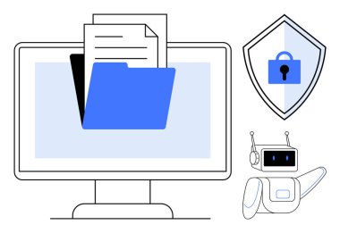 Dizin ve belgeleri gösteren monitör, antenli robot, kilitli mavi kalkan. Veri koruması, yapay zeka yardımı, siber güvenlik, dijital organizasyon, bilgi yönetimi, teknoloji için ideal
