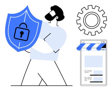 Adam kalkanı asma kilit, vites ve web sayfası grafikleriyle tutuyor. Güvenlik, gizlilik, teknoloji, çevrimiçi koruma, iş e-ticaret güvenli işlemler için ideal. Düz basit metafor