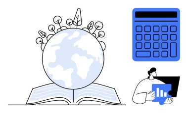 Dünya, filizlenen bitkiler, mavi hesap makinesi ve dizüstü bilgisayardaki verileri analiz eden bir insanın olduğu açık bir kitabın üzerinde duruyor. Eğitim, sürdürülebilirlik, finans, teknoloji, analitik, çevre yeniliği için ideal