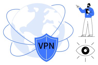 VPN etiketli bir kalkan. Bağlantı hatları, sunucu ve göz sembolü ile dünyayı kaplıyor. Siber güvenlik, gizlilik, VPN kullanımı, İnternet güvenliği, çevrimiçi özgürlük, veri koruması için ideal