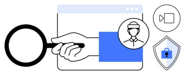 Video düğmesi, kullanıcı profili ve güvenlik simgeleriyle tarayıcı penceresini inceleyen bir büyüteçle el. Siber güvenlik, kullanıcı gizliliği, veri koruması, çevrimiçi güvenlik, İnternet izleme için ideal