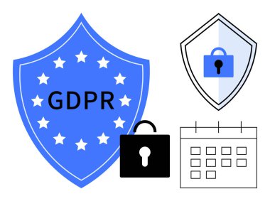 GDPR kalkanı, asma kilit ve takvim veri korumasını ve mahremiyeti simgeler. Uyum, yasal, güvenlik, mahremiyet, yönetmelik veri yönetimi ve güven temaları için ideal. Modern soyut çizgi düz