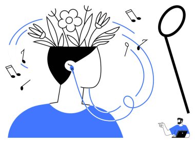 Kulaklık takan biri, kafasından çiçek çıkan biri, dönen notalar, ve dizüstü bilgisayarlı küçük bir figür. Yaratıcılık için ideal, ilham, müzik terapisi, farkındalık, sanatsal ifade bilişsel