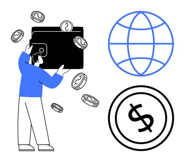 Bozuk paralar düşerken cüzdan taşıyan bir adam, bir küre ve dolar sembolünün yanında. Finans, tasarruf, küresel ekonomi, döviz kuru, çevrimiçi ödemeler, yatırım e-ticaret için ideal. Düz basit metafor