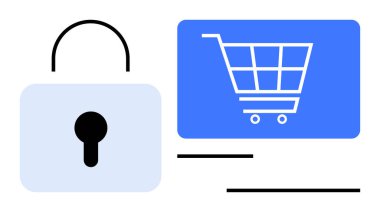Alışveriş arabasının yanındaki sembol online ödeme güvenliği, veri koruması ve güvenli e-ticareti vurguluyor. Teknoloji, e-ticaret, siber güvenlik, çevrimiçi ödeme, alışveriş için ideal