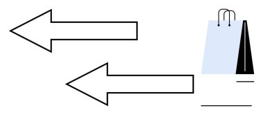 Bir alışveriş torbasına bakan iki cesur sol ok, e-ticareti, iade politikalarını, pazar eğilimlerini ve tüketici eylemlerini temsil ediyor. Ticaret için ideal, müşteri memnuniyeti, satış stratejisi