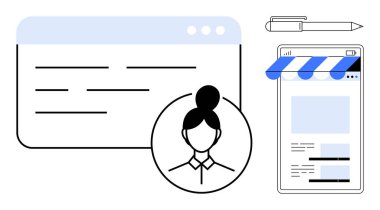 Web tarayıcı arayüzü ve mobil mağazanın yanındaki kullanıcı profili avatarı, çevrimiçi kimlik, dijital iş ve e-ticaret öneriyor. Markalaşma, girişimcilik, sosyal medya ve internet için ideal