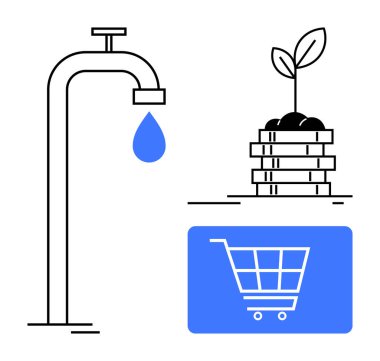 Damlacıklı musluk, bozuk paraların üzerinde toprak filizlenmesi ve dijital alışveriş arabası çizimi. Sürdürülebilirlik, büyüme, yatırım, eko-ticaret, teknoloji, su korunumu için ideal