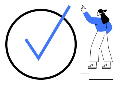 Kadın, başarıyı, başarıyı ya da onaylanmayı vurgulayarak, siyah bir çemberin içindeki büyük mavi işaretlere doğru hareket eder. Başarı, doğrulama, hedefler, başarı ve takım çalışması temaları için ideal