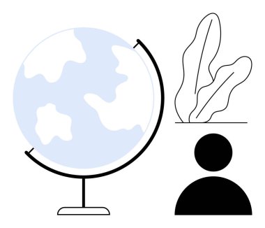 Kürsüye çıkan dünya, insan figürü ve soyut bitki yaprakları coğrafya, sürdürülebilirlik, çeşitlilik, eğitim, seyahat, kişisel büyüme ve takım çalışmasını çağrıştırıyor. Eko-modern marka dairesi için ideal.