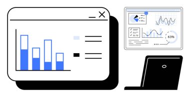 Çubuk grafikler, veri göstergesi ve analitik, performans takibi, araştırma, raporlama, veri içgörüsü, iş büyümesi ve düz basit metafordaki stratejiyi temsil eden laptop ekranı