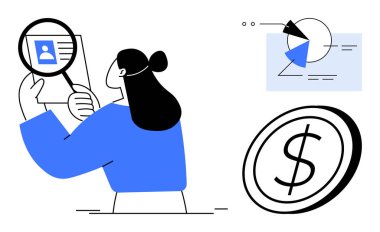 Profil kartının üzerinde büyüteç tutan kadın, yakınlardaki harita ve dolar işareti ile kullanıcı kimliğini analiz ediyor. İşe alım, analiz, finans, kimlik, araştırma, veri yorumlaması için ideal