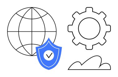 Küre, işaretli mavi kalkan, teçhizat ve bulut ana hatları küresel güvenliği, ayarları, bulut kullanımını sembolize ediyor. Teknoloji için ideal, internet veri koruması bulut depolama otomasyonu. Düz