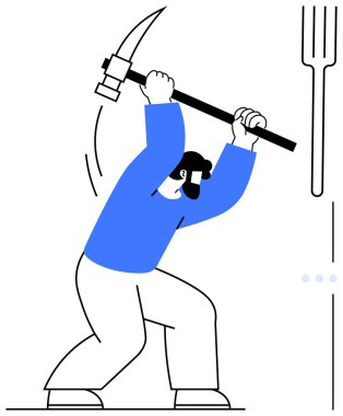 Elinde kazma tutan kişi salıncakta sallanırken emek, çaba ve azmi simgeliyor. Üretkenlik, kararlılık, fiziksel çalışma, dayanıklılık, güç, emek düzmece metafor gibi konular için idealdir