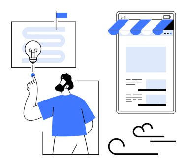 Fikir üretmek için ampullere doğru hareket eden, grafiklere ve e-ticaret mağazalarına bağlı bir adam. İş planlaması, çevrimiçi alışveriş, girişimcilik, yaratıcılık, yenilik, başlangıç, dijital