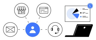 E- posta, depolama, tarayıcı, kulaklık dizüstü bilgisayar ekranına bağlı kullanıcı simgesi pasta grafiği ile raporlama. CRM, müşteri deneyimi, omnichannel stratejisi, eCommerce, destek analizi için ideal