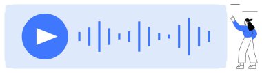 Mavi çalma tuşu, ses dalgaları, sese doğru hareket eden kadın. Ses yayını, podcast, medya kontrolleri, çevrimiçi kurslar, ses düzenleme, müzik uygulamaları için ideal basit metafor