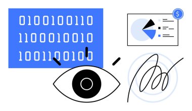 İkili kod, analitik göz, pasta grafiği ve finansal imza veri analizi, içgörü, gözlem, karar verme, siber güvenlik iş zekası ve teknolojik ilerlemeyi iletir. Düz