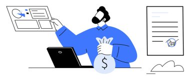 Analiz raporunu elinde tutan kişi dizüstü bilgisayar ve para çantasının yanında dolar işareti ve imzalı belgenin yanında. Finans, yatırım, analitik, karar verme, sözleşmeler, iş büyümesi, başarı için ideal