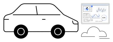 Gösterge panelinin yanında basitleştirilmiş araba tasarımı veri ve grafikleri gösteriyor, altında bulut var. Otomotiv yeniliği, IOT, bulut hesaplama, veri analizi, araç performansı, akıllı hareketlilik, düz basit