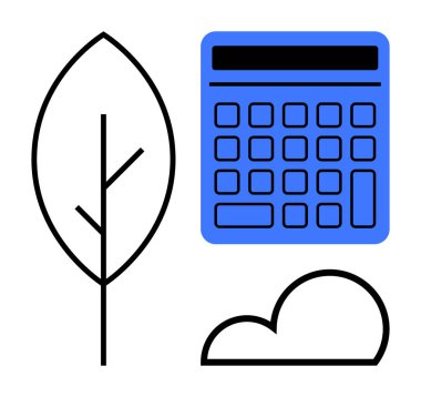 Mavi hesap makinesi, bulut ve basit siyah çizgili yaprak teknoloji, çevre ve sürdürülebilirlik arasındaki dengeyi temsil eder. Çevre dostu yenilik, finans, iklim hareketi ve enerji için ideal