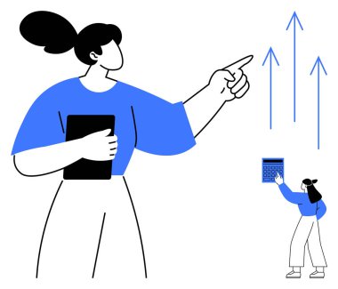 Kendine güvenen bir kadın, başka bir kişi hesap makinesi üzerinde çalışırken yukarı doğru hareket eder. İş büyümesi, takım çalışması, planlama, strateji, başarı, analitik ve motivasyon için ideal. Düz basit