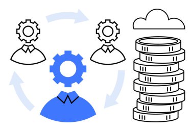 Bağlı dişli başlıklı bireyler takım çalışmasını, otomasyonu ve işbirliğini, verimliliği ve karı sembolize eder. İş, finans, iş akışı, üretkenlik, takım yönetimi otomasyonu için ideal