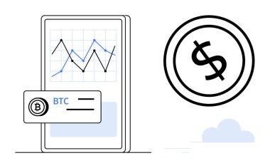 Cep telefonu ekranında satır grafiği olan bir Bitcoin işlem uygulaması var. Büyük para sembolü para birimi ya da yatırım olduğunu gösteriyor. Finans, ticaret, fintech, ödemeler, ekonomi için ideal