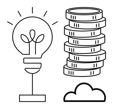 Bitki fikirlerini sembolize eden bir ampul, zenginliği temsil eden bir yığın bozuk para ve bağlantı için bulut. Yenilik, finans, teknoloji, sürdürülebilirlik, büyüme ve iş ekonomisi için ideal