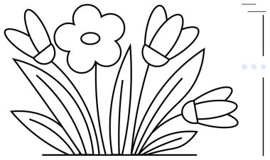 Çiçek sahnesinin çizgi sanatı. Çiçek açan lale başparmakları ve üst üste binen yapraklarla çevrili büyük bir çiçek. Doğa için ideal, basitlik, renk, dekorasyon, bahar, büyüme, ekolojik odaklanma. Düz basit