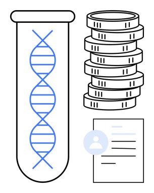 Test tüpündeki DNA araştırmayı, madeni paralar maddi desteği ve belge de veri veya kullanıcı profilini sembolize eder. Genetik, sağlık yatırımı, bilim finansmanı, biyoteknoloji ve araştırma için ideal