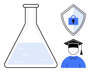 Sıvıyla dolu şişe bilimi simgeler, kilidi olan kalkan güvenliği simgeler ve mezuniyet ikonu da eğitimi simgeler. Eğitim, güvenlik, bilim, teknoloji, araştırma ve akademik için ideal