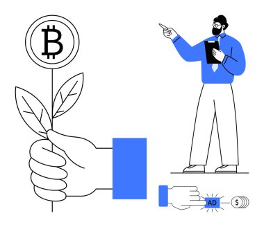 Bitcoin bitki büyümesi elinde, analist tabletle sunum yapıyor ve reklam düğmesine basıyor. Kripto para birimi, engelleme zinciri, yatırım, teknoloji, finansal yenilik pazarlaması için idealdir. Düz basit metafor