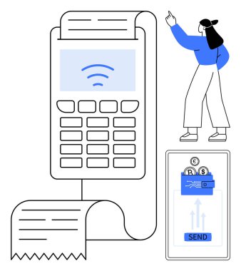 Faturalı POS terminali, akıllı telefon transferi ve dijital çözeltiyi gösteren müşteri. Finans, teknoloji, e-ticaret, temassız ödeme, nakitsiz işlemler, fintech