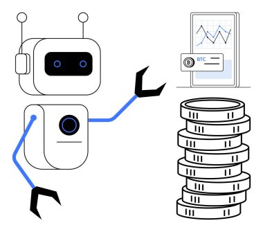 Akıllı telefondan kripto para piyasasını inceleyen robot veri grafikleri, Bitcoin simgesi ve para destesini gösteriyor. Engelleme zinciri, finans teknolojisi, yapay zeka, otomasyon, dijital para birimi, fintech yeniliği için ideal