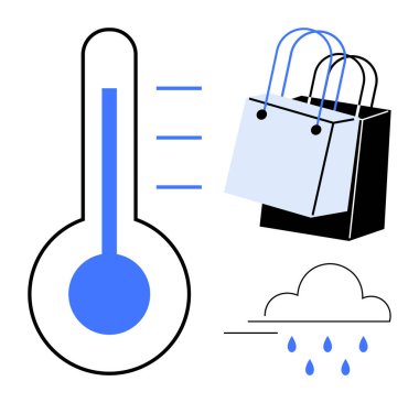 Termometre, alışveriş torbaları ve yağmur bulutları hava değişikliklerinin alışveriş alışkanlıklarını nasıl etkilediğini gösteriyor. Perakende eğilimler, iklim araştırmaları, tüketici davranışı, pazarlama stratejileri, satışlar için ideal