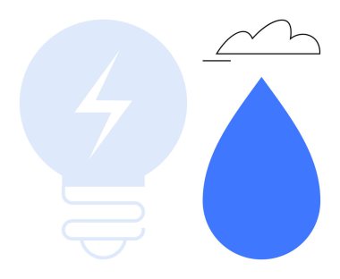 İçinde yıldırım olan ampul, mavi su damlası ve çizilmiş bulut. Yenilik için ideal, enerji, yaratıcılık, sürdürülebilirlik, doğa çevre temiz teknoloji. Düz basit metafor