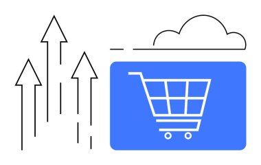 Alışveriş arabası mavi dikdörtgen içinde yukarı doğru ok ve bulut hatlarının yanında. Çevrimiçi alışveriş, iş büyümesi, pazarlama, satış, teknoloji, yenilik ve ilerleme için ideal. Düz basit metafor