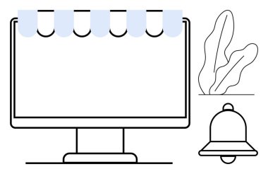 Tebligat zili ve dekoratif bitki eşliğinde, dükkan güneşliği resimleme çevrimiçi mağazası ile kaplı masaüstü ekranı. Perakende satış, bildirimler, uyarılar, e-ticaret, dijital pazarlama, UI