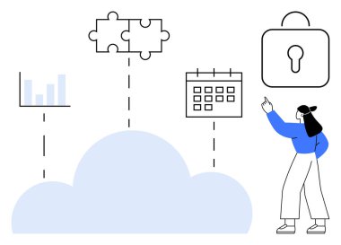 Bulut, bar çizelgesini, bulmaca parçalarını, takvimi birbirine bağlar ve kadınlar el kol hareketi yaparken noktalı çizgilerle kilitler. Takım çalışması, veri güvenliği, bulut hizmetleri, uzaktan çalışma, analiz zamanlaması için ideal