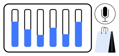 Değişik seviyelerde mavi ekolayzır çubuklar, mikrofon simgesi ve alışveriş torbası. Ses düzenleme, podcast, e-ticaret, pazarlama, teknoloji ses üretimi görsel denge için idealdir. Minimalist daire