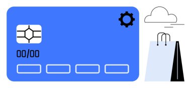 Alışveriş torbaları ve bulut tasarımının yanında çip ve vites simgesiyle mavi kredi kartı. E-ticaret, çevrimiçi alışveriş, dijital işlemler, finans teknolojisi, modern perakende, para yönetimi, daire