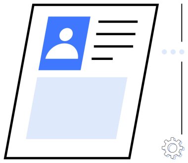 Kullanıcı fotoğrafçısı olan basit kart tasarımı, profil detayları için metin satırları, bağlı ayarlar teçhizatı. Kimlik, kullanıcı profili, kişiselleştirme, teknoloji, UI uygulama ayarları için ideal. Temiz daire