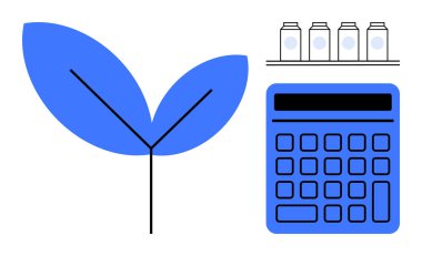 Doğayı sembolize eden bitki yaprağı, finansal ya da ekolojik analiz için hesap makinesi ve sıra sıra üretim şişeleri. Sürdürülebilirlik, çevre dostu uygulamalar, bütçe ve çevresel etki için ideal